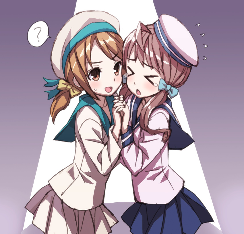 >_<, 2girls, :o, ?, ahoge, bad_id, blush, brown_hair
