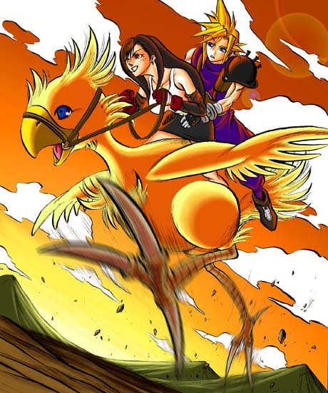 1boy, 1girl, blonde_hair, blue_eyes, brown_hair, chocobo, cloud_strife, cloud_tifa