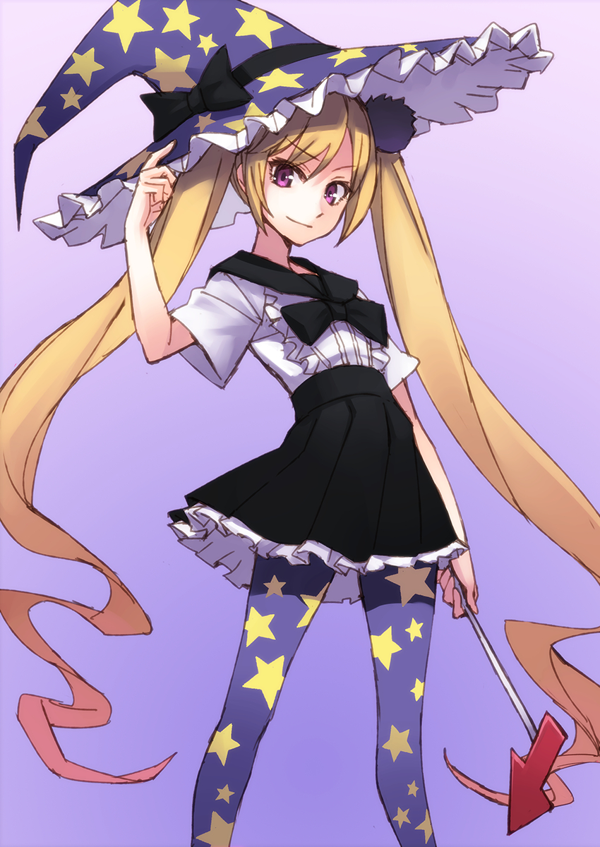 1girl, bad_id, blonde_hair, bow, directional_arrow, gradient, gradient_background, hat, hat_bow, highres, kantai_collection, long_hair, looking_at_viewer, majokko_(kantai_collection), matsuryuu, pantyhose, print_legwear, purple_legwear, rashinban_musume, star_print, twintails, very_long_hair, violet_eyes, witch_hat