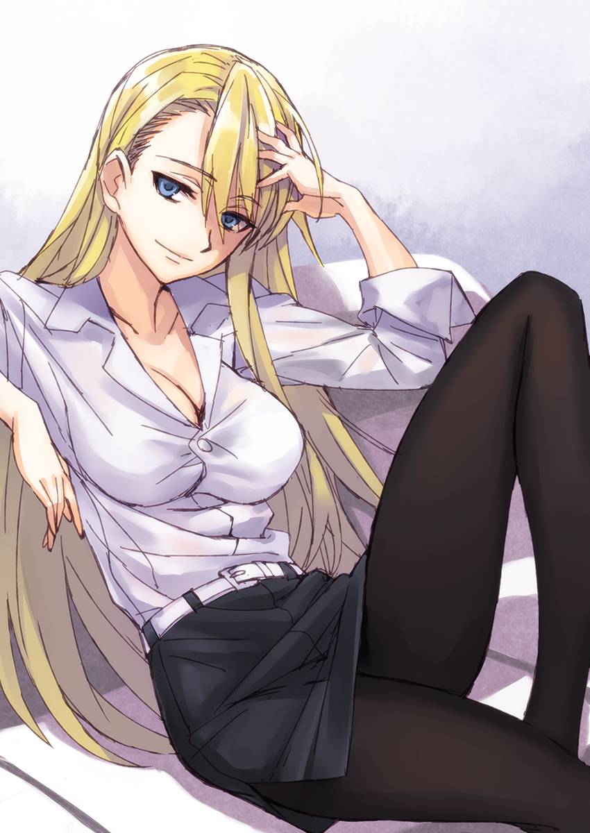 1girl, bad_id, belt, black_legwear, blonde_hair, blue_eyes, breasts, cleavage