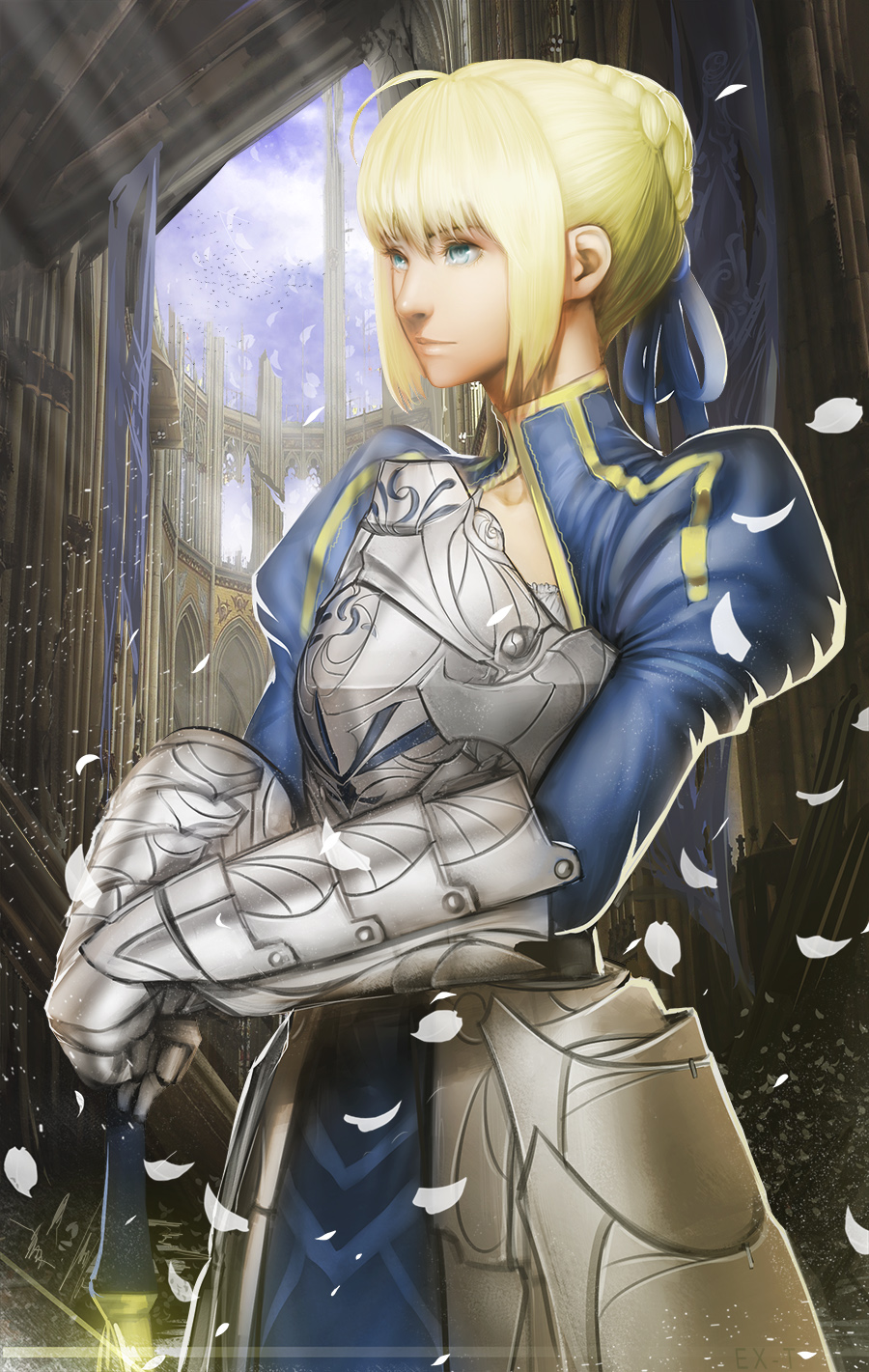 1girl, ahoge, armor, armored_dress, blonde_hair, blue_eyes, dress, ex-trident