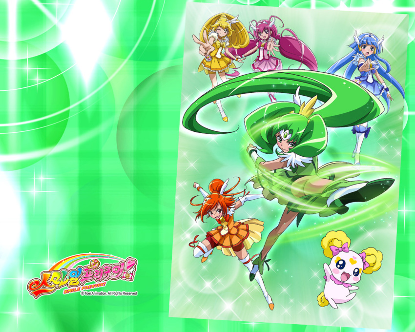 5girls, aoki_reika, bike_shorts, blonde_hair, blue_eyes, blue_hair, blush, candy_(smile_precure!)
