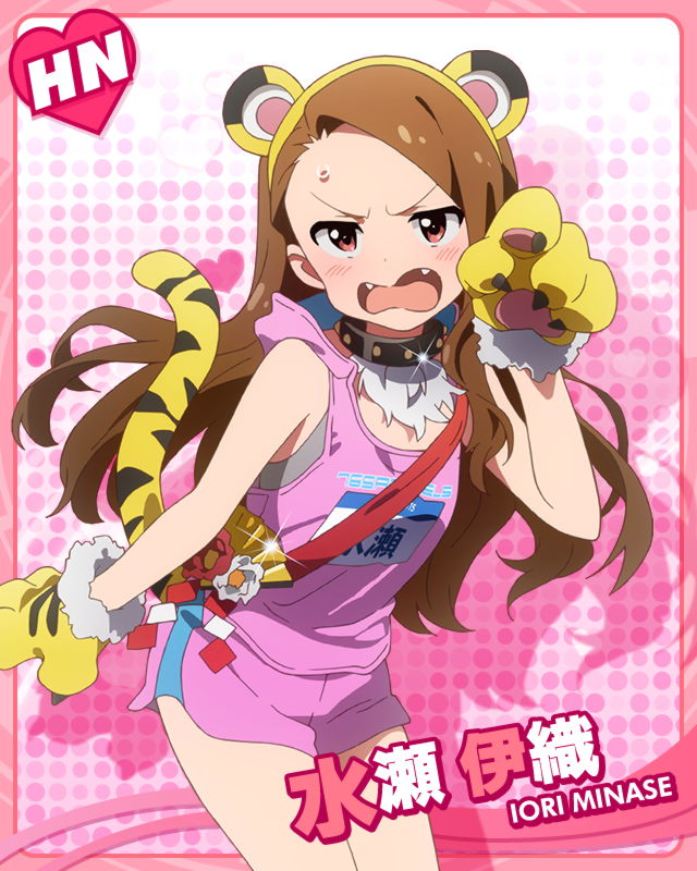 >_<, animal_ears, animal_suit, blush, brown_hair, character_name, fangs, gloves