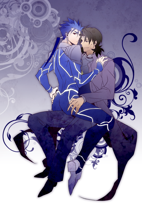 2boys, blue_hair, brown_hair, fate/stay_night, fate_(series), kotomine_kirei, lancer, long_hair