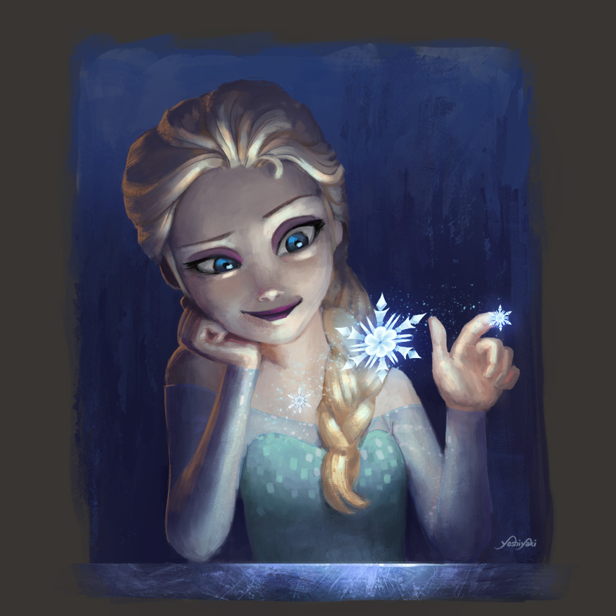 1girl, bare_shoulders, blonde_hair, blue_eyes, braid, cassio_yoshiyaki, chin_rest, elsa_(frozen)