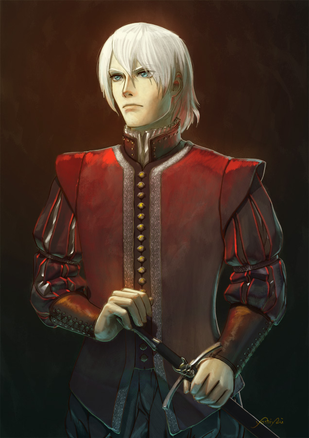 1boy, alternate_costume, blue_eyes, cassio_yoshiyaki, dante_(devil_may_cry), devil_may_cry, hand_on_hilt, short_hair