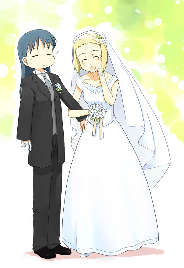 2girls, arm_holding, bad_proportions, bride, dress, formal, kajiwara_sora, multiple_girls, mutou_youshun, pant_suit, sketchbook_full_colors, suit, torikai_hazuki, wedding, wedding_dress, wife_and_wife, yuri