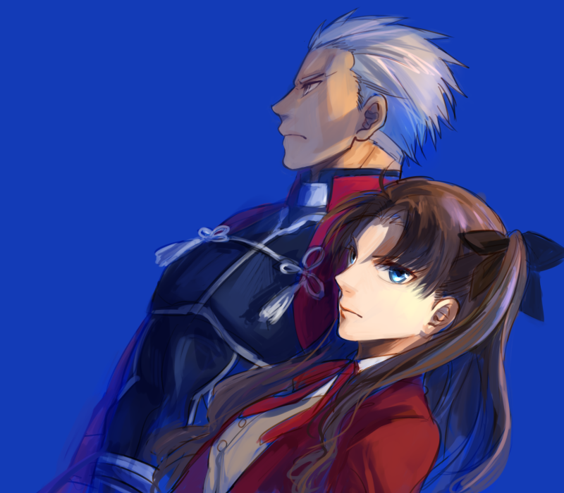 1boy, 1girl, archer, blue_eyes, brown_hair, dark_skin, fate/stay_night, fate_(series)