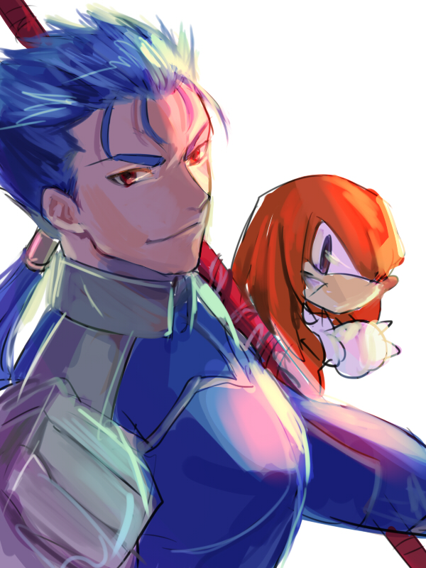 1boy, blue_hair, crossover, cu_chulainn_(fate)_(all), earrings, fate/stay_night, fate_(series), gae_bolg, jewelry, kanna_nobutoshi, knuckles_the_echidna, kona_(mmm3608), lancer, polearm, red_eyes, seiyuu_connection, sonic_(series), spear, weapon