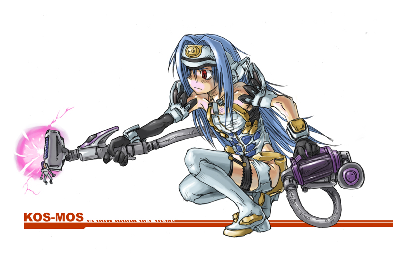 1girl, android, blue_hair, boots, dyson, elbow_gloves, forehead_protector, garters