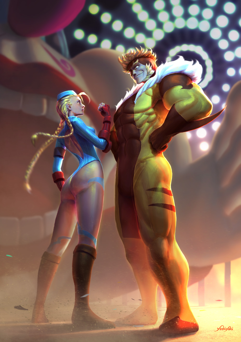 1boy, 1girl, antenna_hair, armband, ass, back_cutout, blonde_hair, bodysuit