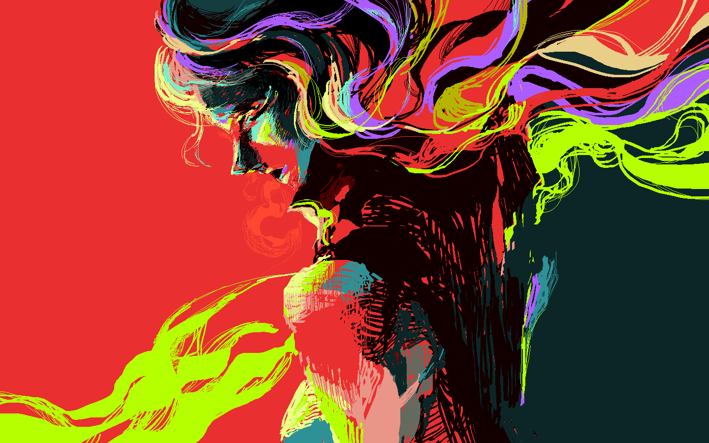 1girl, black_background, closed_eyes, colorful, eico, hijiri_byakuren, long_hair, multicolored_hair
