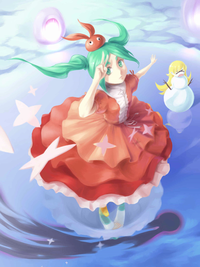 2girls, aqua_hair, bei_ju_luoxuan_wan, blonde_hair, eyebrows, green_eyes, highres, long_hair