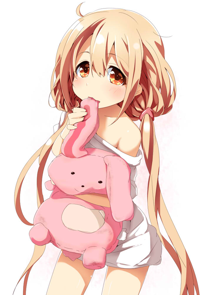 1girl, biting, brown_eyes, brown_hair, futaba_anzu, grune, idolmaster, idolmaster_cinderella_girls, long_hair, messy_hair, no_pants, off_shoulder, solo, stuffed_toy, t-shirt, twintails