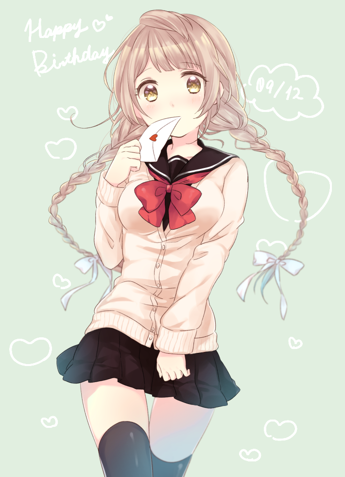 1girl, alternate_hairstyle, blush, bow, brown_eyes, brown_hair, cardigan, happy_birthday