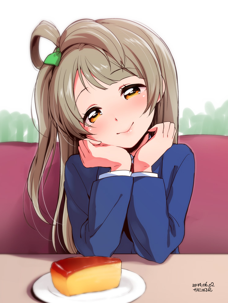 1girl, bangs, blush, bow, brown_hair, cake, cheesecake, elbow_rest
