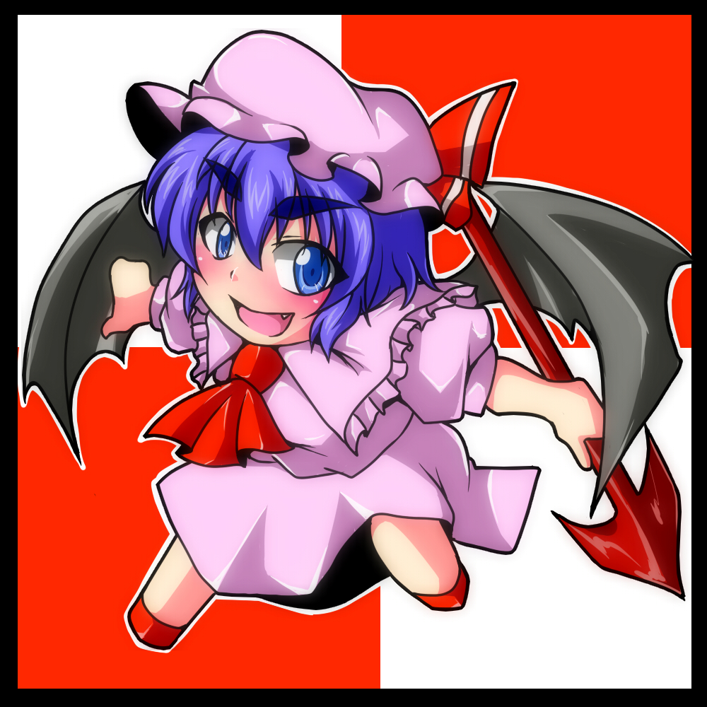 1girl, ascot, bat_wings, blue_eyes, blue_hair, bow, deformed, hat