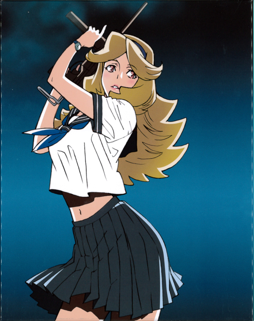 1girl, alternate_costume, blonde_hair, breasts, collar, gun, highres, honey_(space_dandy), long_hair, m3_greasegun, midriff, necktie, pink_eyes, school_uniform, serafuku, simple_background, skirt, smile, solo, space_dandy, submachine_gun, tag_request, weapon