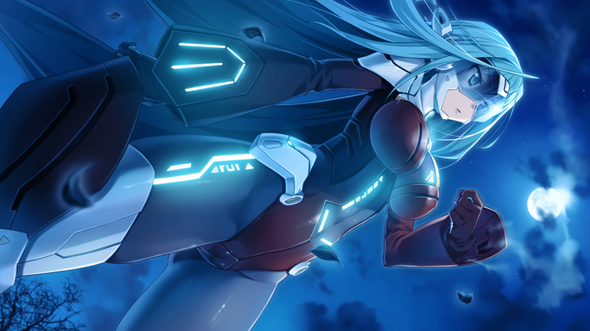 1girl, ahoge, bodysuit, breasts, dutch_angle, full_moon, game_cg, highres, himegoto_union, kawahara_makoto, kirishima_yuuki_(himegoto_union), large_breasts, leaf, long_hair, mecha, moon, night, parted_lips, solo, visor