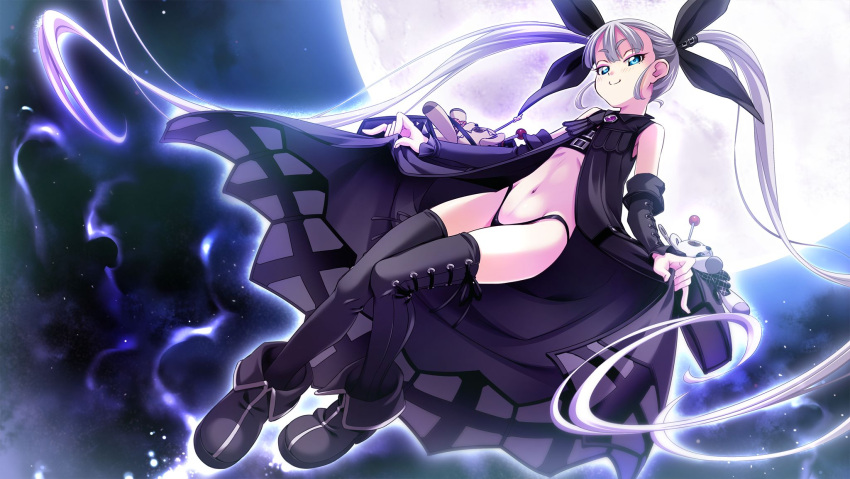 1girl, beltbra, black_legwear, black_panties, blue_eyes, boots, cape, game_cg