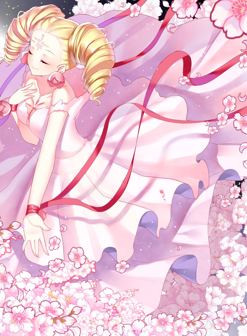 1girl, absurdres, blonde_hair, breasts, cardcaptor_sakura, cherry_blossoms, cleavage, closed_eyes