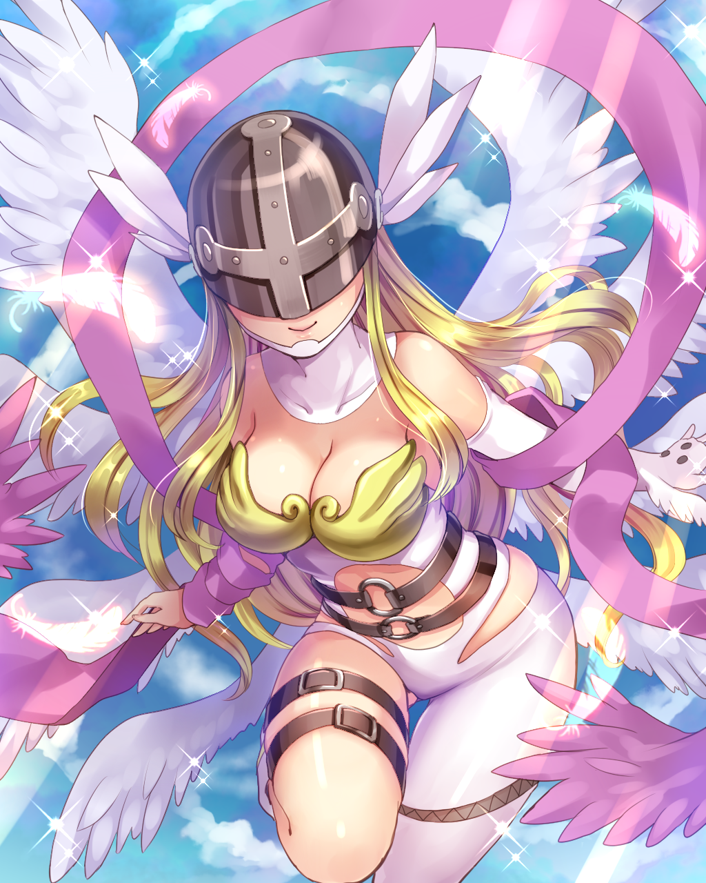 1girl, angel, angel_wings, angewomon, armor, blonde_hair, blue_sky, bodysuit