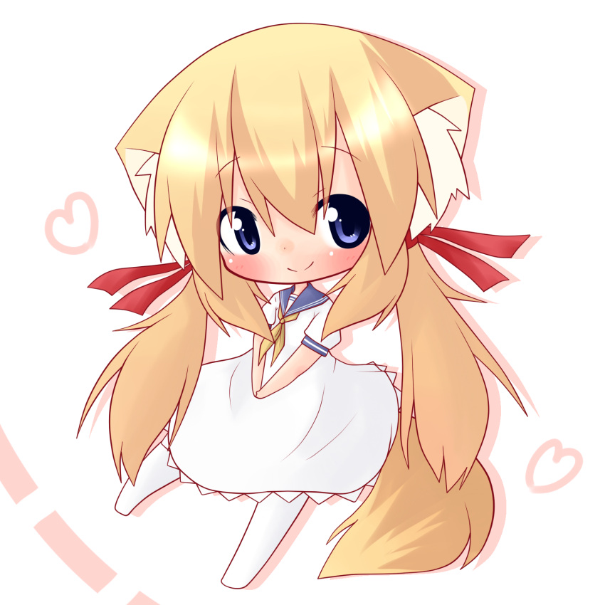 1girl, animal_ears, blonde_hair, blue_eyes, blush, chibi, fox_ears, fox_tail