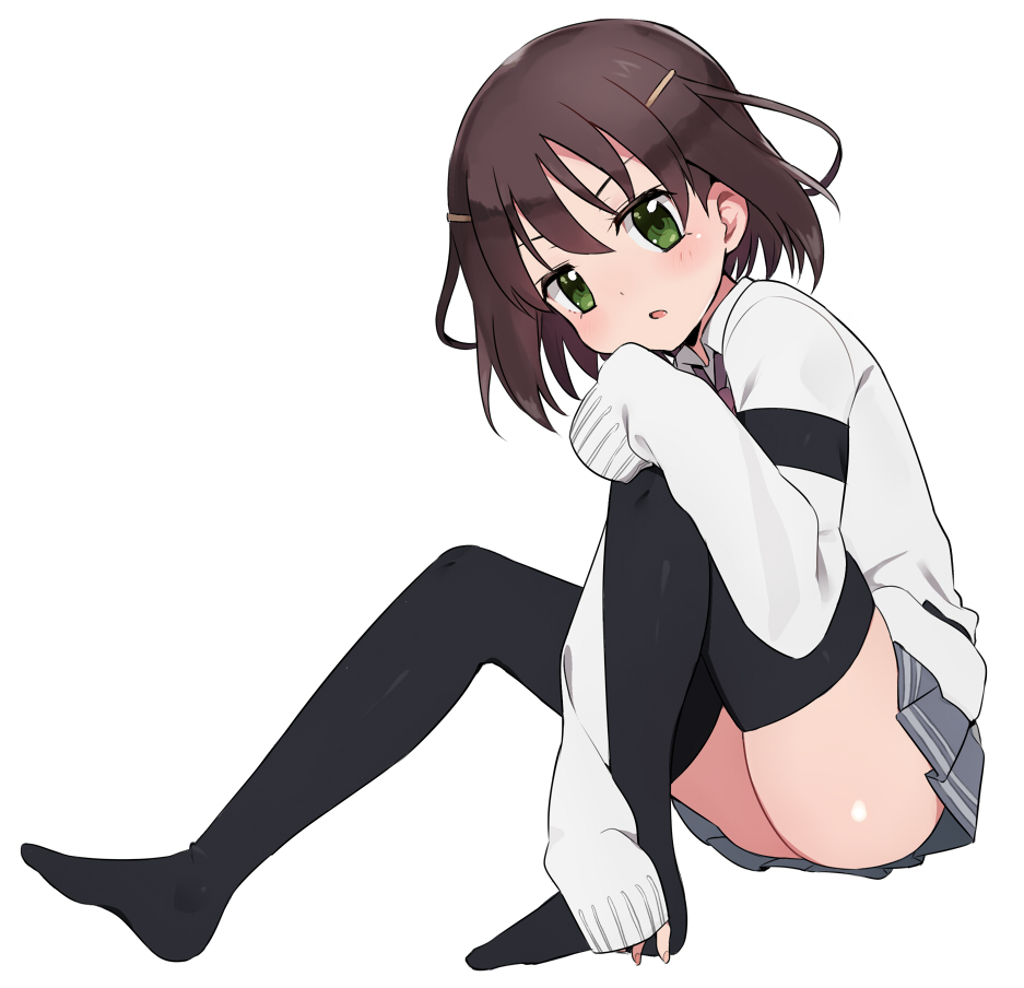 1girl, blush, brown_hair, cardigan, green_eyes, hair_ornament, hairclip, looking_at_viewer