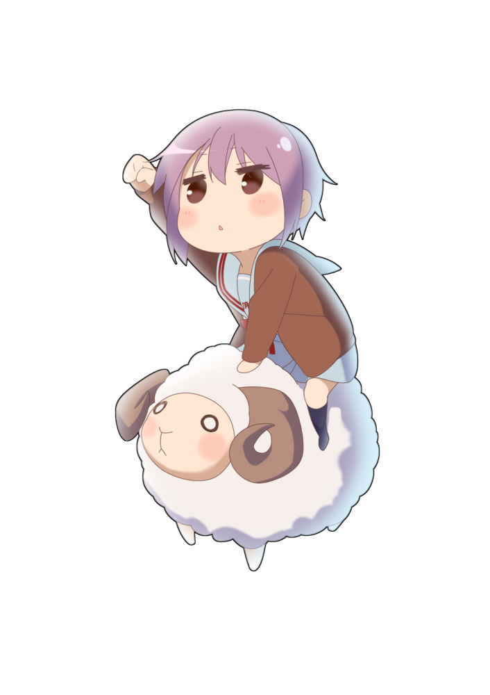 1girl, :<, :3, arm_up, blush_stickers, brown_eyes, clenched_hand, horns, mido_(mimizuku-hukuro), nagato_yuki, o_o, purple_hair, ram_(animal), riding, school_uniform, serafuku, sheep, sheep_horns, solo, suzumiya_haruhi_no_yuuutsu