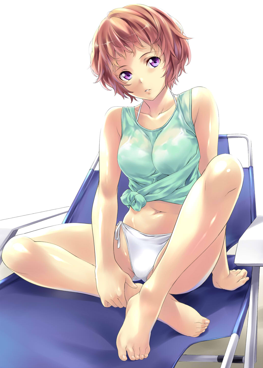 1girl, aldnoah.zero, bare_legs, barefoot, belly_peek, bikini, breasts, highres