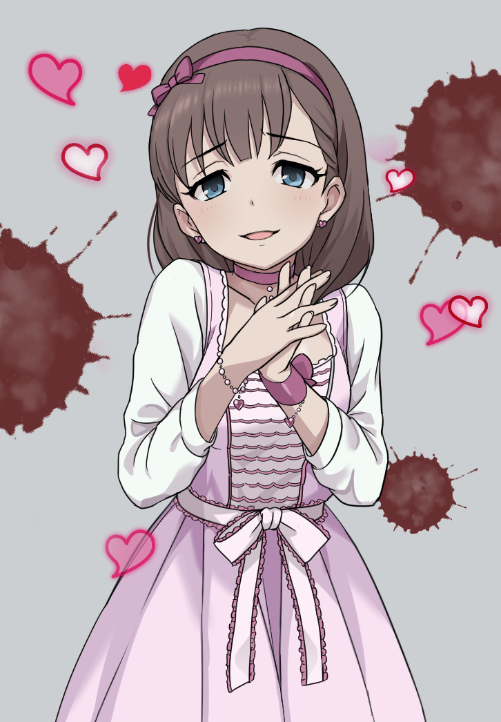 1girl, blood, blood_splatter, blue_eyes, brown_hair, hair_ribbon, hairband, heart