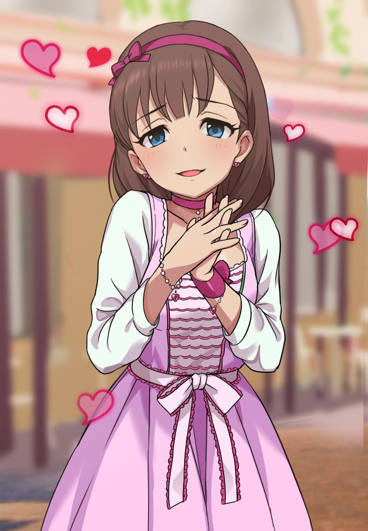 1girl, blue_eyes, brown_hair, hair_ribbon, hairband, heart, idolmaster, idolmaster_cinderella_girls