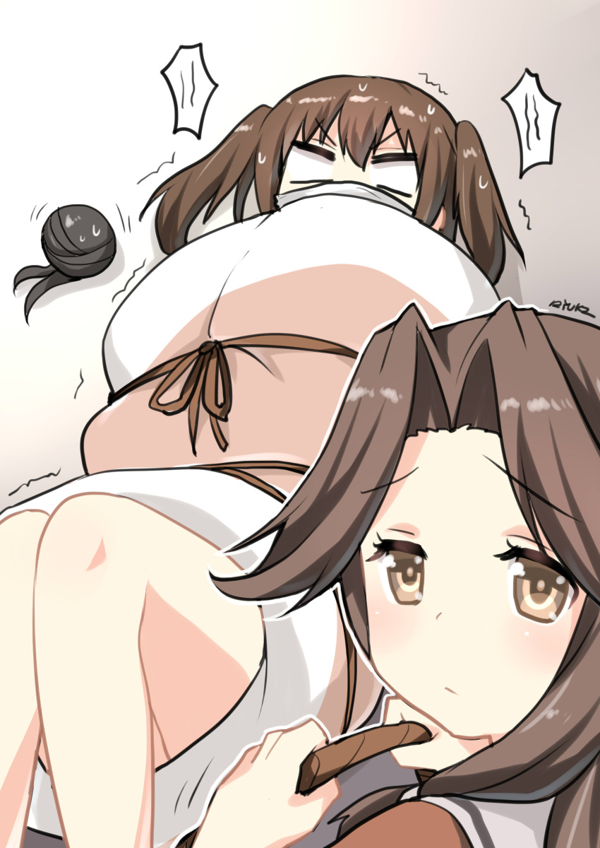 2girls, absurdres, bare_legs, brown_eyes, brown_hair, commentary, futon, gagged, hair_intakes, highres, jintsuu_(kantai_collection), kantai_collection, long_hair, looking_at_viewer, multiple_girls, naka_(kantai_collection), rope, ryuki_(ryukisukune), sendai_(kantai_collection), sumaki_(action), tied_up, trembling, two_side_up