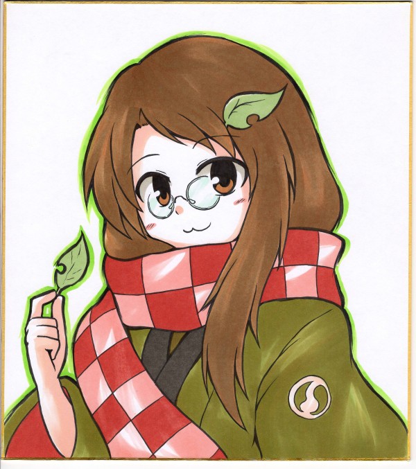1girl, :3, brown_eyes, brown_hair, checkered, fudepen_(medium), futatsuiwa_mamizou, futatsuiwa_mamizou_(human), glasses, hair_ornament, japanese_clothes, leaf, leaf_hair_ornament, long_hair, marker_(medium), mochizuki_ado, pince-nez, scarf, shikishi, smile, solo, touhou, traditional_media