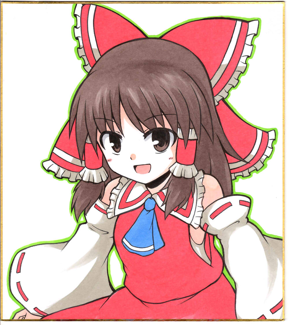 1girl, ascot, bow, brown_eyes, brown_hair, detached_sleeves, fudepen_(medium), hair_bow