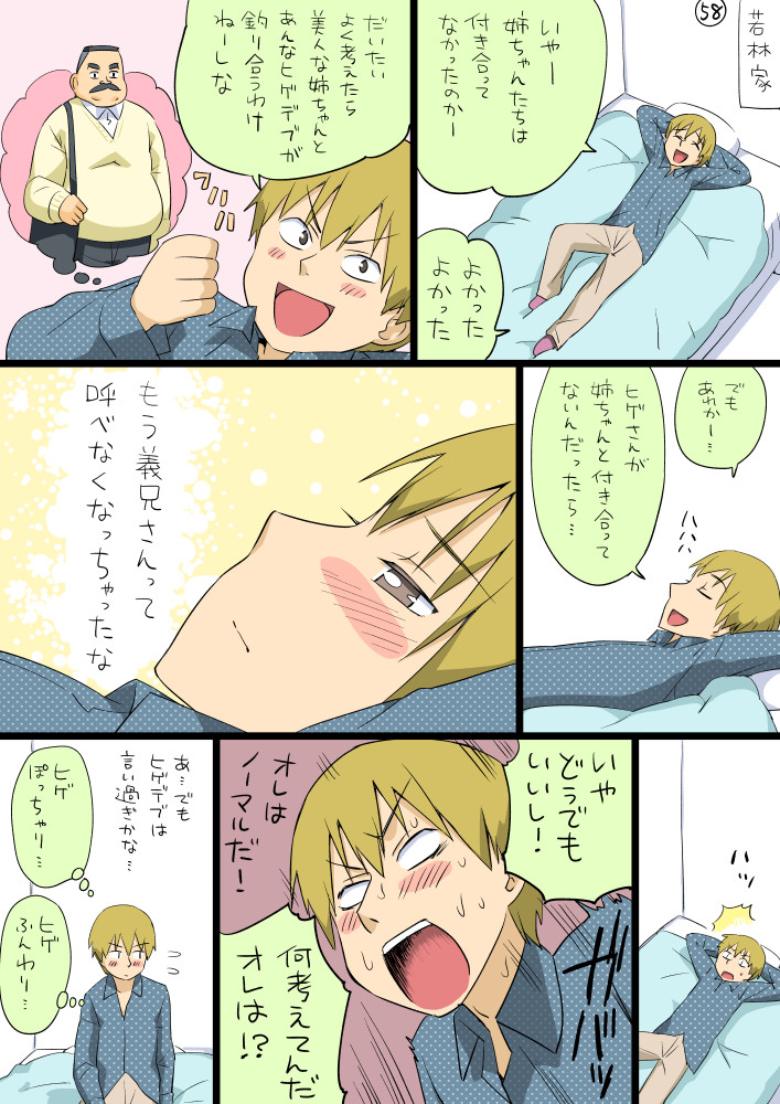 2boys, bed, blush, blush_stickers, comic, facial_hair, hige-san, multiple_boys