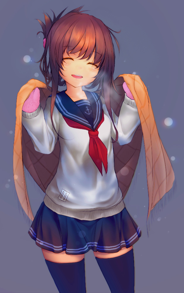 1girl, brown_hair, folded_ponytail, inazuma_(kantai_collection), kantai_collection, mittens, open_mouth, school_uniform, serafuku, short_hair, smile, solo, t-mai, thigh-highs, zettai_ryouiki
