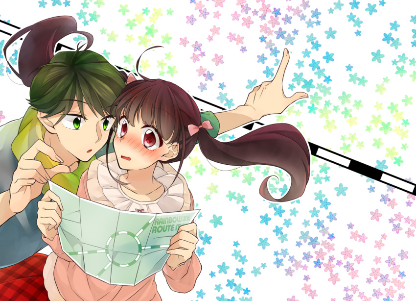 1boy, 1girl, black_hair, blush, green_eyes, hikari_(ressha_sentai_toqger), kagura_(ressha_sentai_toqger), long_hair