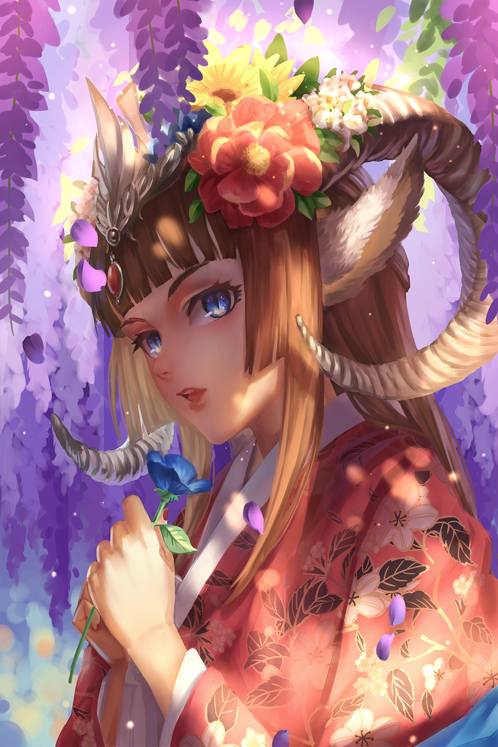 1girl, animal_ears, blonde_hair, blue_eyes, bust, codec007, floral_print, flower