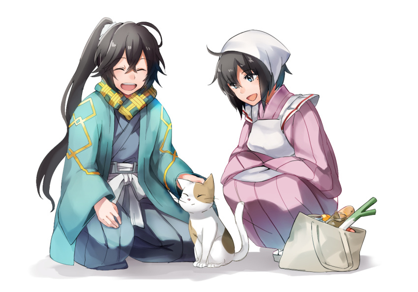 1boy, 1girl, akatsuki_hiro, apron, black_hair, cat, japanese_clothes, log_horizon, long_hair, ponytail, sara_(log_horizon), short_hair, soujirou_seta