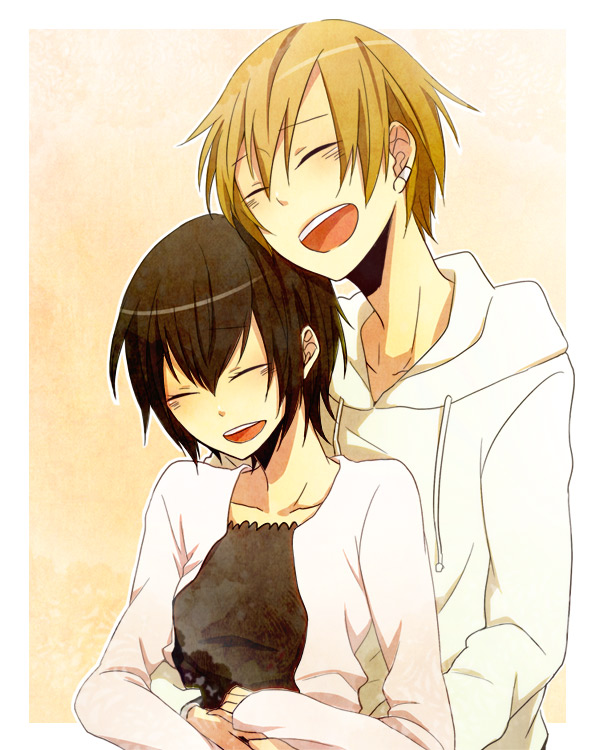 1boy, 1girl, black_hair, blonde_hair, closed_eyes, couple, durarara!!, hetero