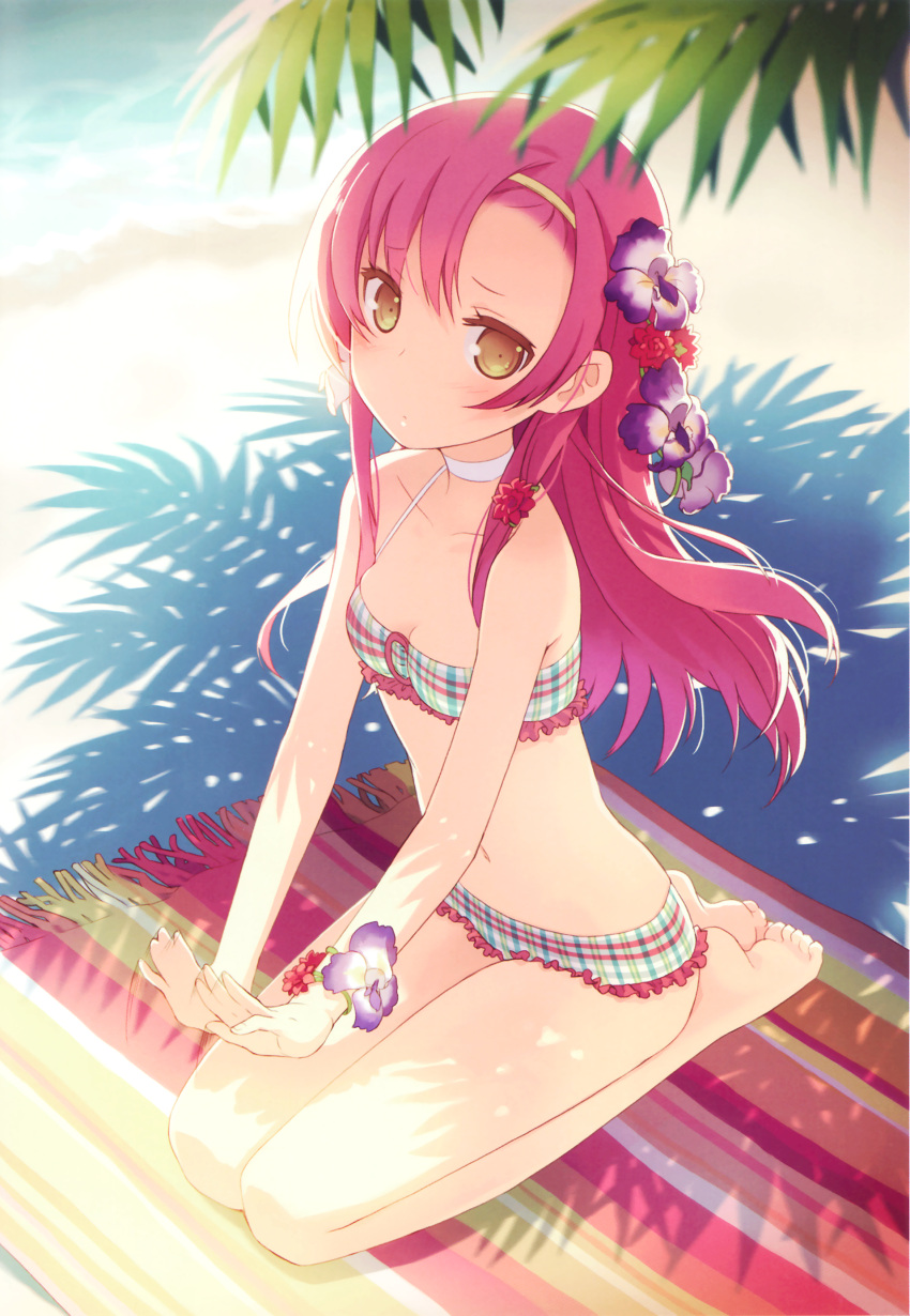 1girl, absurdres, bangs, bare_legs, bare_shoulders, barefoot, beach, bikini