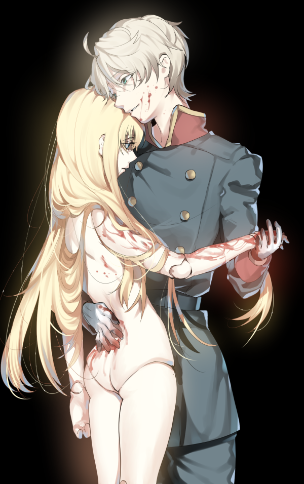 1boy, 1girl, aldnoah.zero, arm_around_waist, asseylum_vers_allusia, black_background, blonde_hair, blood