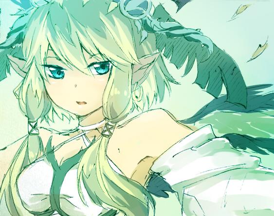 1girl, bare_shoulders, blue_eyes, breasts, ceres_(p&amp;d), cleavage, detached_sleeves, earrings