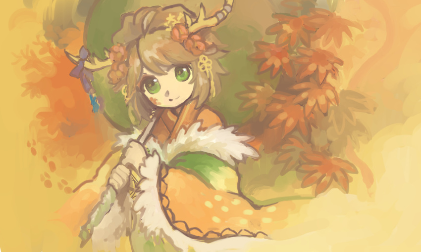 1girl, ahoge, antlers, brown_hair, coat, facial_mark, flower, fur_trim