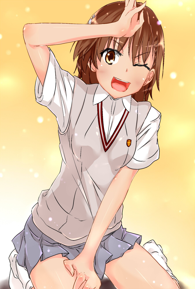 1girl, brown_eyes, brown_hair, etsuji, misaka_mikoto, school_uniform, short_hair, sitting