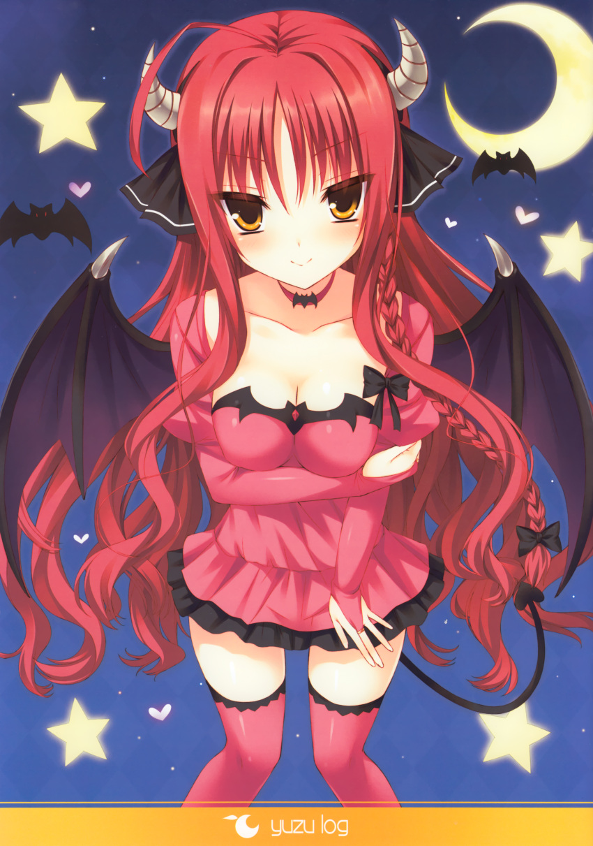 1girl, absurdres, ani_(artist), braid, breast_hold, breasts, cleavage, crescent_moon