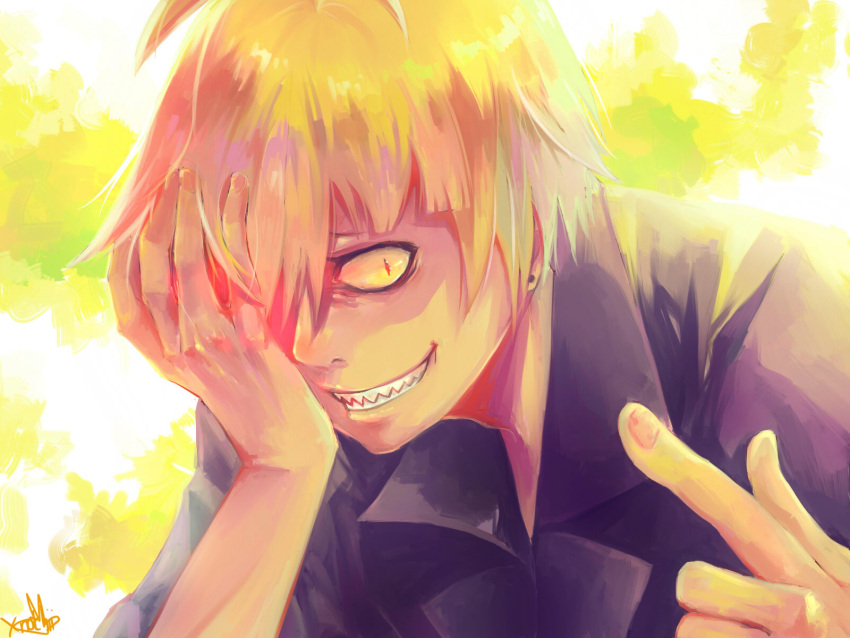 1boy, ahoge, grin, hand_on_own_face, highres, necktie, orange_hair, piercing