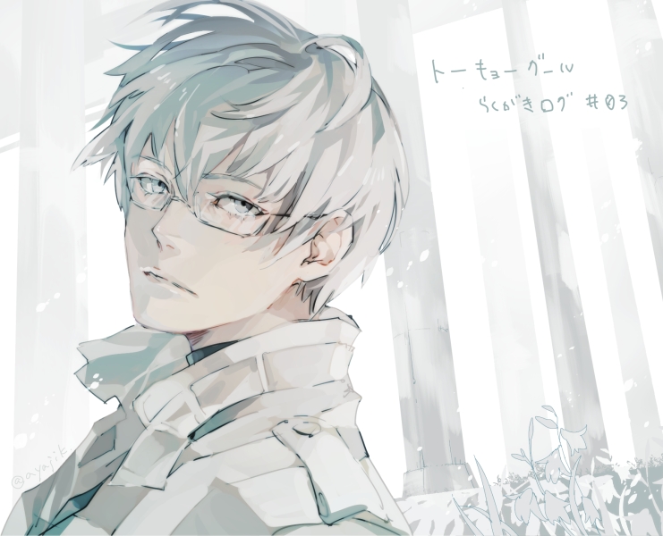 1boy, arima_kishou, ayajik, bust, expressionless, flower, glasses, grey_eyes