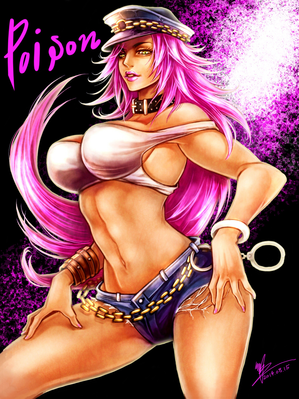 1girl, black_background, breasts, chain, character_name, collar, cowboy_shot, cuffs, cutoffs, dated, denim, denim_shorts, handcuffs, hat, highres, impossible_clothes, impossible_shirt, large_breasts, lips, long_hair, midriff, navel, parted_lips, peaked_cap, pink_hair, pink_lips, pink_nails, poison_(final_fight), shorts, signature, sin_(njn1), solo, street_fighter, tank_top, ultra_street_fighter_iv, very_long_hair